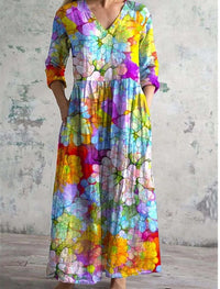 Womens Loose Stylish V-Neck Printed Dress