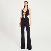 Halter Sexy Trousers Women's Jumpsuit Golden Flower Sleeveless Backless