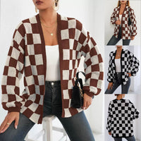 Womens Casual Loose Sweater Coat With A Checkerboard Pattern