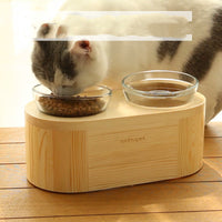 Solid wood double bowl glass cat bowl