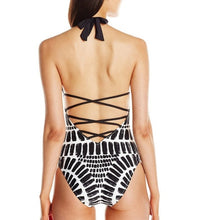 Black sexy cross color block wire free halter one piece swimwear
