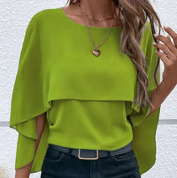 Solid Layered Cloak Sleeve Blouse, Versatile Crew Neck Blouse For Spring & Fall, Women's Clothing