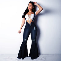 High waist denim flared pants with straps