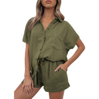 Casual Fashion Cotton And Linen Shirt And Shorts Set Womens Clothing