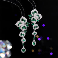 1 Pair Gorgeous Long Dangle Flower Earrings, Cubic Zirconia Earrings For Women, Fashion Party Prom Dress Jewelry, Birthday Holiday Gift