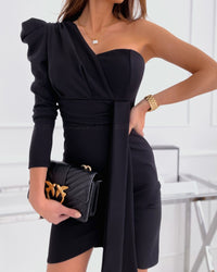 Spring One-Shoulder Puffed Sleeve Asymmetrical Party Dress