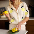 Mango Pattern Knitwear Casual Short Sleeve Button Sweater