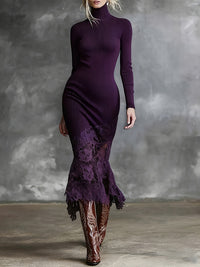 Turtleneck Knit Dress With A Lace Hema Sophisticated Mid-length Skirt