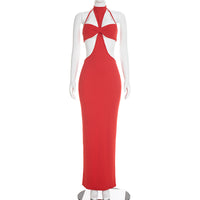 Solid-color Sexy Ribbed Hollow-out Strap Sleeveless Slim-fit Long Dress