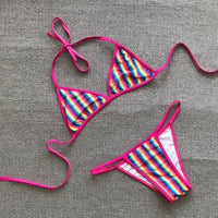 Three-piece rainbow striped bikini suit