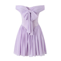Womens French-style Purple Off-shoulder Slip Dress With A Boat Neckline