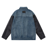 European And American Style Stitching PU Leather Sleeve Denim Jacket