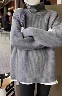 Loose, Mid-Length Effortless-Style Knitted Sweater For Women With Side Zipper And Lapel Design