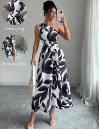 Womens Printed Off-the-Shoulder Slit Dress