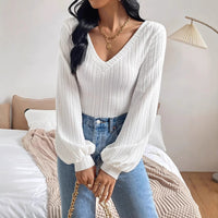 Women's Spring And Autumn Solid Color Bishop Sleeve V-neck Long Sleeve T-shirt