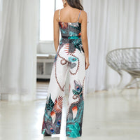 Sling plant print holiday style casual jumpsuit