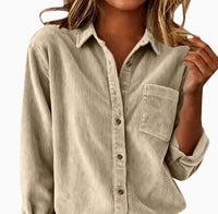 Corduroy Casual Loose Thick Shirt With Striped Turn-Down Collar And Long Sleeves