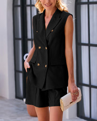 Women Fashion Solid Color Double-Breasted Blazer Sleeveless Two-piece Set
