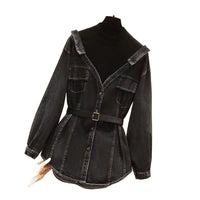 Women's Fashion Waist-Cinching Fake Two-Piece Long Sleeve Denim Jacket