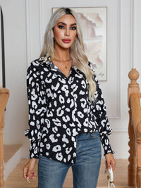 Leopard Print Lantern Sleeve Shirt Women