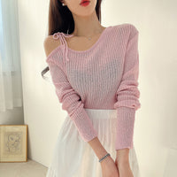 Lace-up Design Sunken Stripe Long-sleeved Sweater Women's Top