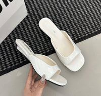 Minimalist Versatile Open Toe Square Toe Patent Leather One-Strap Slides For Women, Summer Outdoor Wear Comfortable Low Wedge Heel Fairy Style Sandals