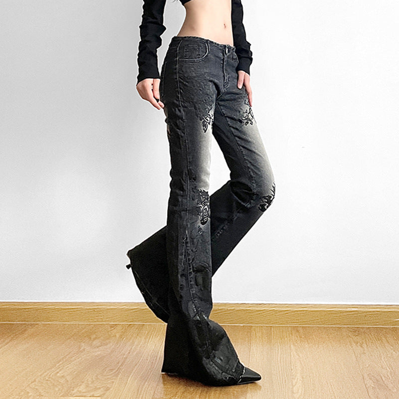 Printed Worn Jeans Slimming Washed Women