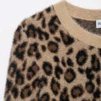 Retro Leopard-Print Crew-Neck Cropped Knitted Sweater