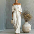 Casual Two-Piece Womens Outfit Off-Shoulder Top And Wide-Leg Pants Set