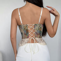 Womens Retro Jacquard Patchwork Lace Mini Ruffle Fishbone Bra-Padded Halter Neck Tank Top