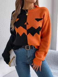 Women Ghost Pumpkin Color Block Long Sleeve Pullover Sweater