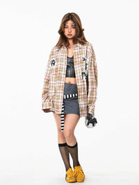 Retro Distressed Brushed Printed Plaid Shirt Loose Top