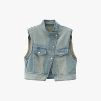 Retro Distressed Shoulder-Padded Denim Waistcoat Women's Irregular Jacket