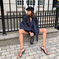 Blue Loose-fit Puffed-sleeve Shirt And Denim Shorts Set