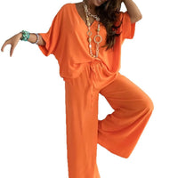 V-neck Batwing-sleeve Top And Loose Wide-leg Pants Solid-color Casual Womens Set