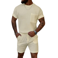 Waffle Round Neck Pocket Short-sleeved Shorts Casual Sports Suit