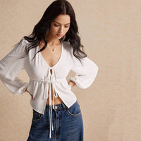 Women's Simple And Elegant Style T-shirt Autumn And Winter Tie Fashion Versatile Long-sleeve Cardigan Top