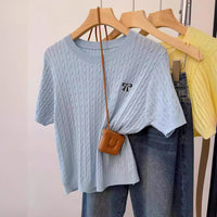 Twist Round Neck Embroidered Short-sleeved T-shirt Short Inner Sweater