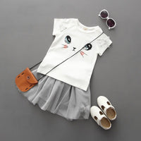 New Girls Kids Cute Child Cat Short Sleeve T-Shirt Butterfly Beaded Puffy Skirt Skirt Set