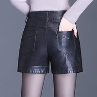 Black Wide-leg Slim High-waist Leather Shorts