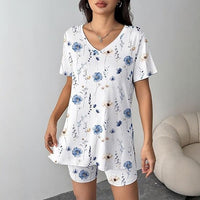 Shorts Two-Piece Casual Loungewear Set With Plant And Flower Patterns