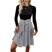 Striped Crew-Neck Long-Sleeve A-Line Skirt Summer New Arrival Lace-Up Elegant Dress