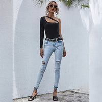 Asymmetric Black Off-shoulder Sexy Solid Color Long Sleeve Women's Top
