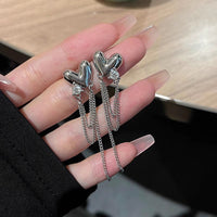 Sterling Silver Needle Long Tassel Love Heart Earrings
