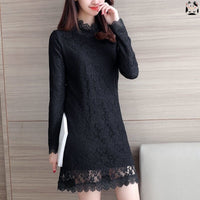 Plus-size Outerwear Long-sleeve Fleece-lined Warm Lace Dress