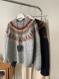 Loose Leisure All-matching Thick Warm Contrast Color Brocade Sweater
