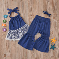 Lace Halter Flare Pants Denim Retro Naked Back