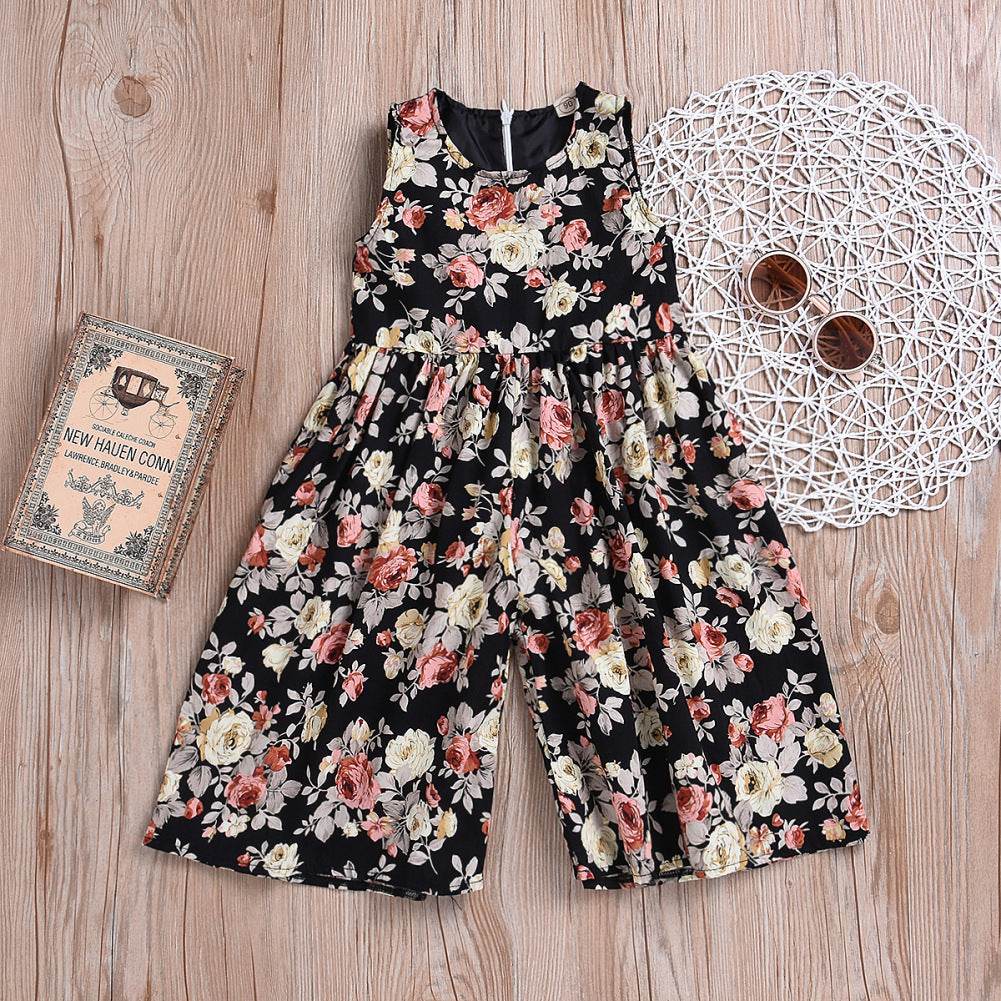 Pastoral Style Children's Clothing Girls Cotton Sleeveless Printed Wide-Leg Pants