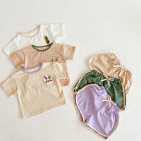 Summer Ins Baby Girl Color Contrast Embroidered Cotton T-Shirt  Pants Simple Two Piece Suit