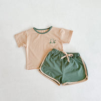 Summer Ins Baby Girl Color Contrast Embroidered Cotton T-Shirt  Pants Simple Two Piece Suit